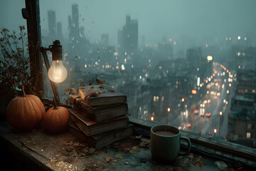 Cozy Autumn Evening with Pumpkin Decor and City View Perfect for Seasonal Design