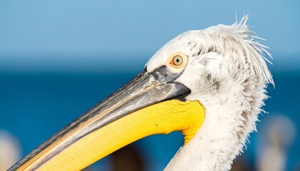 Close-up profile of a large bird with a long, yellow beak and white feathers against a blurred blue background