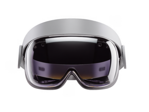Close up of modern virtual reality headset with reflective visor and adjustable straps isolated on white