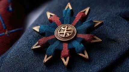 Ornate pin on dark fabric