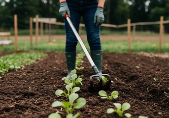 Person cultivating garden bed with hoe