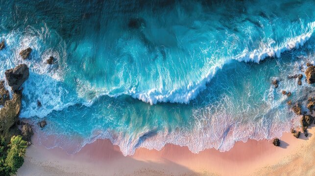 Aerial view of turquoise waves crashing on a pink beach