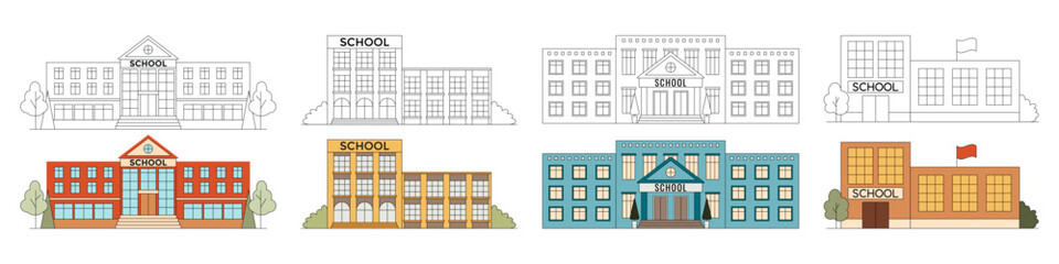 Set of School buildings. Various school buildings. Black and white outline and color vector illustrations of school exterior. Educational icons, logos