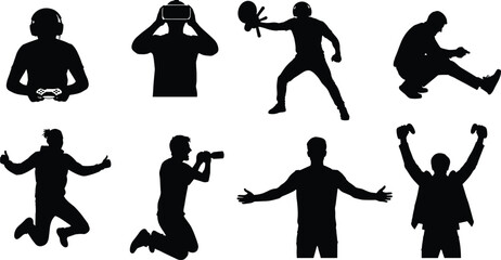 Gamer and athlete silhouette set featuring VR headset, esports players, celebration poses, drinking water, and gaming controller actions