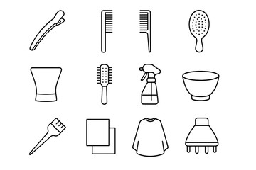 Hairdressing Icon Set. Outline icon set of hairdressing accessories: hair sectioning clip, cutting comb, tail