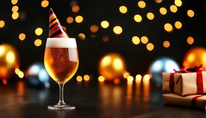 A glass of beer ale on the table wearing a hat. Festi. Frothy brew in pint on surface adorned with headwear. celebration merrymaking jovial beverage refreshment pub bar