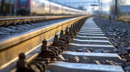Fototapeta premium Intricate Railroad Tracks with Dynamic Train Wheels Sparking Movement and Innovation in Transport