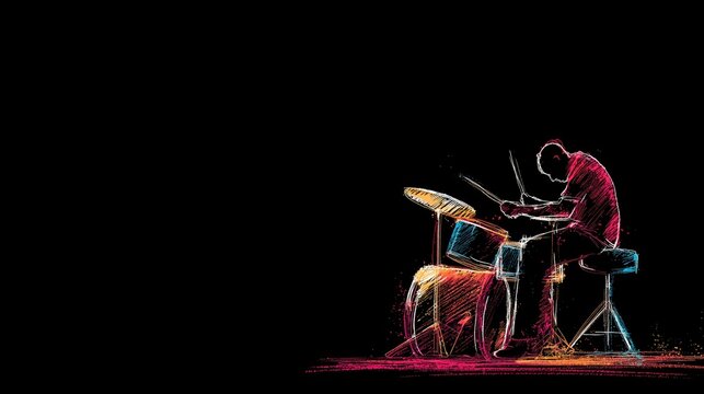 Dynamic drummer in motion, vibrant neon sketch on black, embodying energy and continuous improvement in music performance.