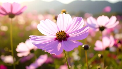 Obraz premium A field of cosmos flowers in soft focus, bathed in golden sunlight