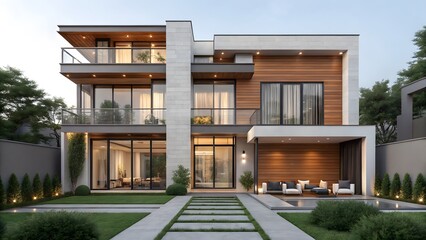 Fototapeta premium Modern luxury residence with wood accents and large glass windows