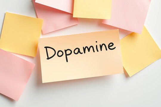 Flat lay of colorful notes with text Dopamine on pink note