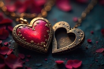 A heart-shaped locket concealing a hidden compartment, symbolizing a deceptive love, a secret kept within a beautiful facade , shiny, secret, cunning