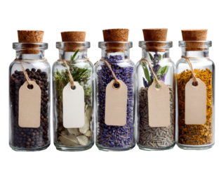Five small glass jars, each filled with different dried spices and herbs,  topped with cork stoppers and tied with twine.  Blank paper tags adorn each jar