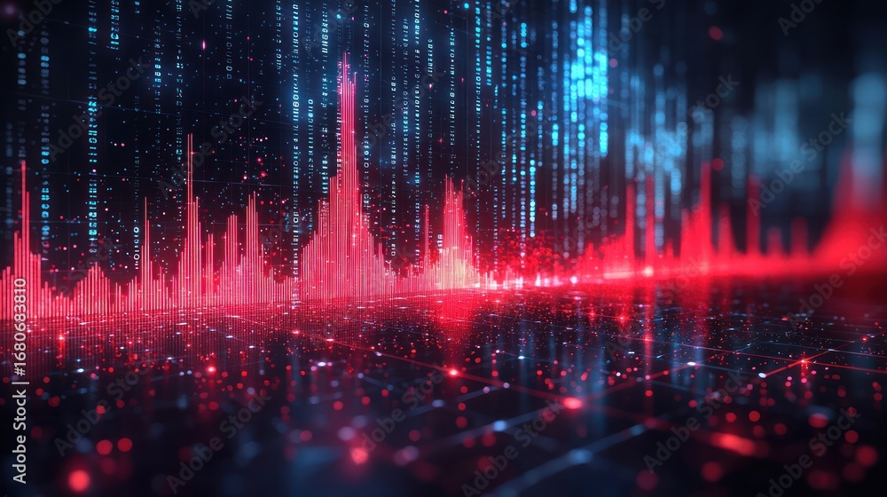 Poster red digital data wave, futuristic tech background, network visualization, for tech websites