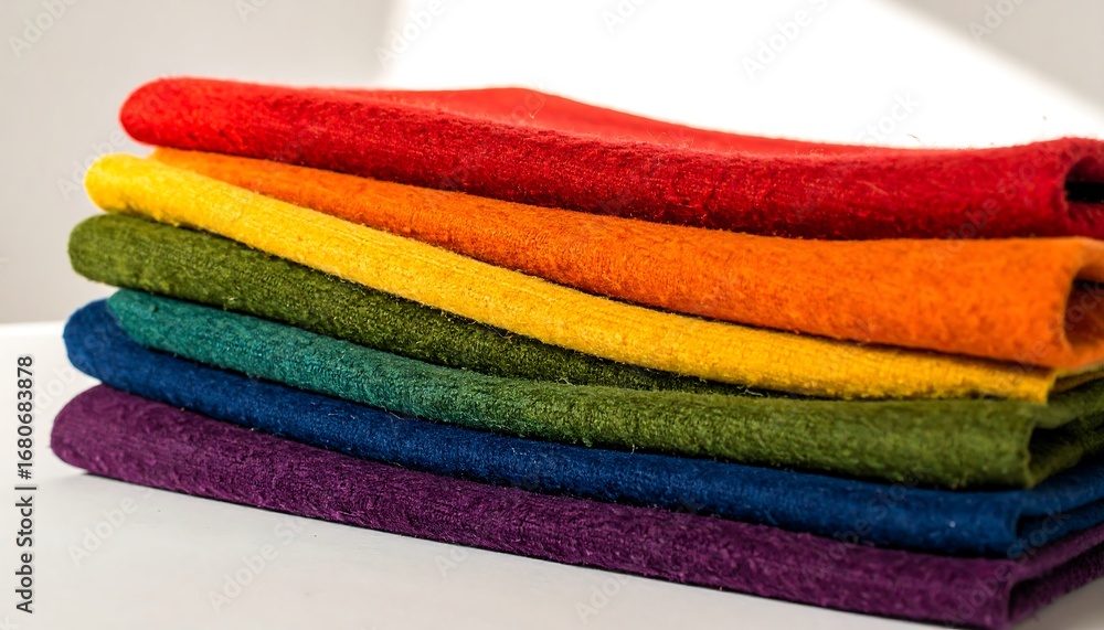 Poster a stack of colorful wool fabrics displays a spectrum of vibrant hues, ranging from deep reds to rich