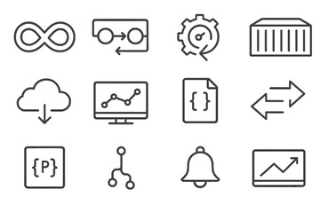 DevOps Icons Overview. Outline icon set of DevOps practices: infinity loop, CI/CD pipeline, automation gear,
