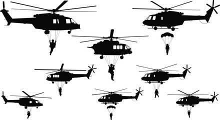 Military helicopter silhouettes, soldier parachuting vector, rappelling from helicopter, special forces clipart, tactical aircraft operation, black army aviation icons © Sabbir's World