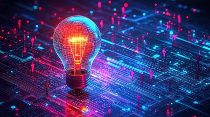 Glowing idea bulb on circuit board, network, innovation