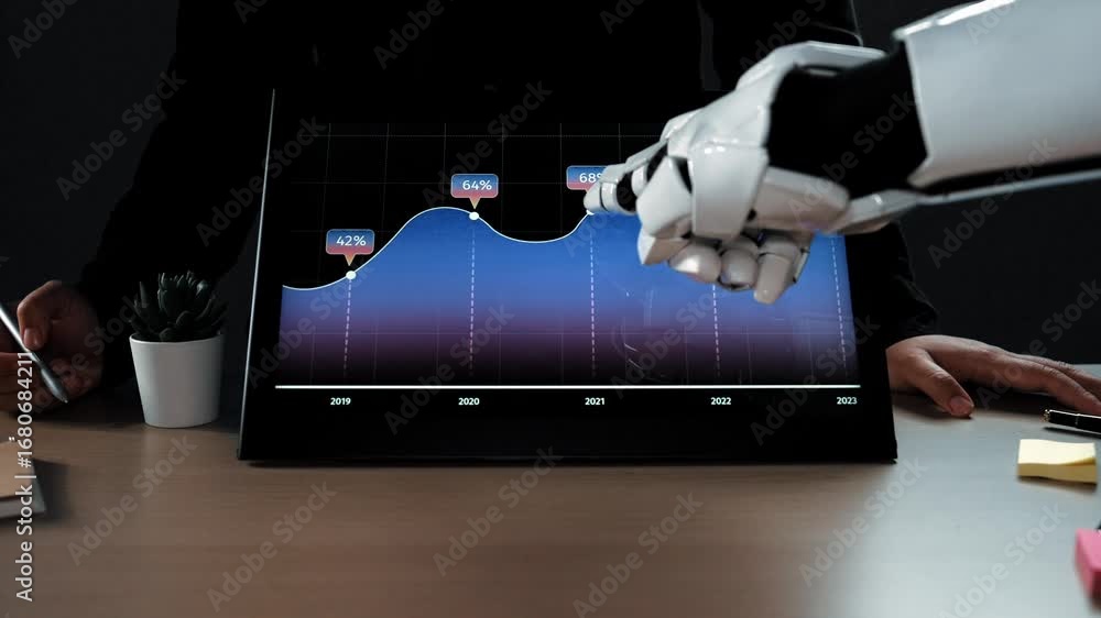 Poster business professionals collaborate with ai tools to process large datasets, identifying key insights