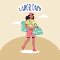 Woman Carrying Bags Labor Day Theme.