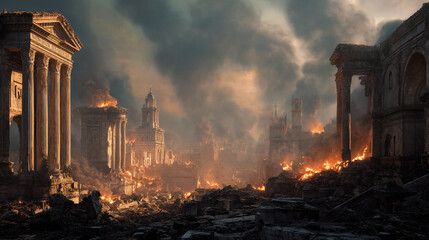 Fototapeta premium A view of a city in ruins with buildings on fire and smoke filling the sky at daytime