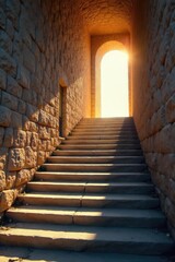 Obraz premium A long, winding staircase ascends towards a bright, sunlit opening, suggesting progress and ambition The stone steps are worn, hinting at time and journey , ambition, geometric, detail