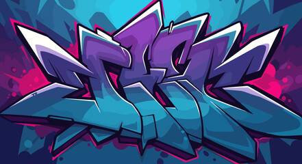 A dynamic wildstyle graffiti piece explodes with sharp, interlocking letters in a vibrant fusion of electric purple and cool teal.