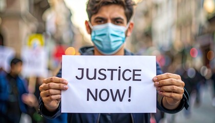 Protester Holds "Justice Now!" Sign with Mask