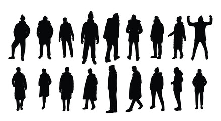 collection of silhouettes of men wearing winter jackets vector illustration