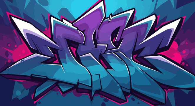 A dynamic wildstyle graffiti piece explodes with sharp, interlocking letters in a vibrant fusion of electric purple and cool teal.