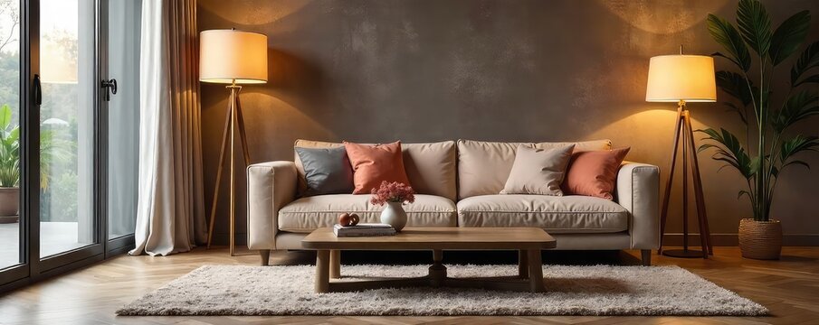 A luxurious living room setup, perfect for gifting Features a plush sofa, stylish coffee table, and elegant floor lamp Ideal for housewarming or anniversary celebrations , relaxation, home decor