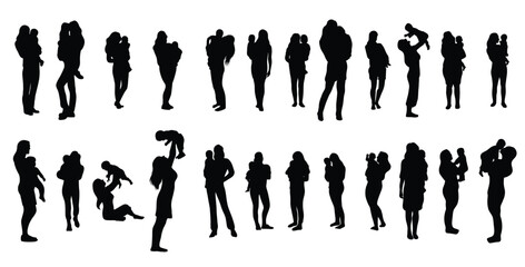 collection of silhouettes of mothers holding their children  vector illustration