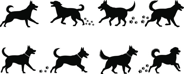 Running dog silhouette collection with paw prints, playful pet poses, vector animal set for designs, decor, pet themes, and logos