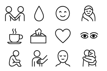 Emotional Connection Icons. Outline icon set of emotional connection moments: two people holding hands, tear