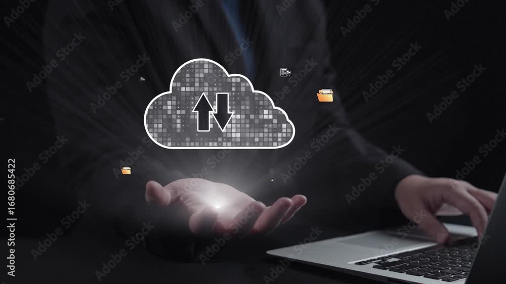 Poster a businessman interacts with a cloud storage concept, illustrating data upload and download with dig