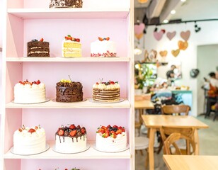 Cake display in cafe interior