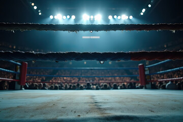 Obraz premium A cinematic close-up view of a professional boxing ring inside a massive sports arena, captured from ringside perspective. The ropes of the ring are in sharp focus, showing their worn texture and subt