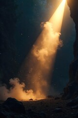 Obraz premium A powerful, single beam of light cuts through the darkness, illuminating dust motes and creating a dramatic, ethereal glow Perfect for concepts of hope, discovery, or mystery , intense, abstract