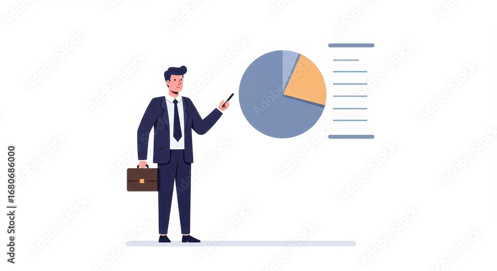 Poster a professional presenter displays a pie chart with accompanying data on a white background.