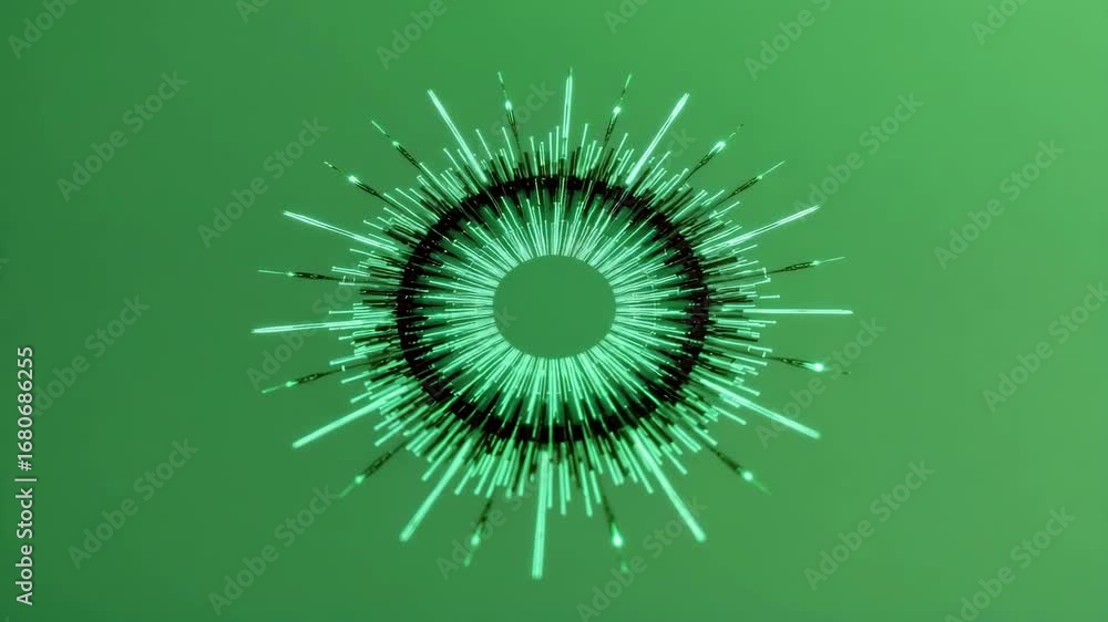 Poster glowing circular abstract shape with radiating lines on green background featuring futuristic digita