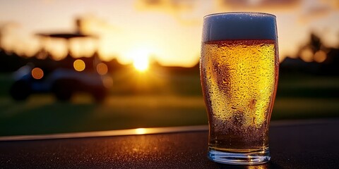 Birthday wishes for a golfer with beer and golf cart. Congratulatory greeting for a linksman s natal day featuring brew and motorized buggy perfect for celebratory occasion artwork.