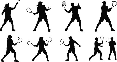 Silhouette collection of tennis players in action, isolated on white background, playing different strokes, perfect for sports design concepts.