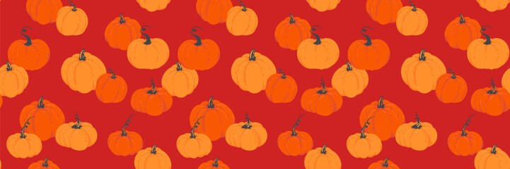 Seamless vector pattern with hand drawn orange pumpkins on a bold red background. Designs for fall, Thanksgiving, Halloween, and rustic seasonal decorations