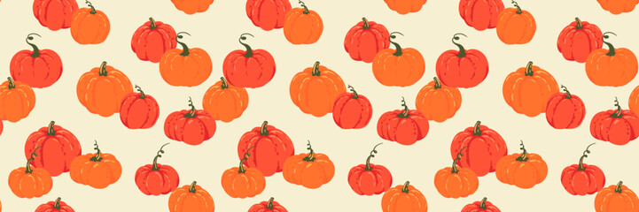 Seamless vector pattern with hand drawn orange and red pumpkins on a light cream background. Template for autumn, harvest, Halloween, and Thanksgiving designs