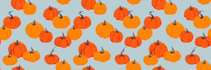 Seamless vector pattern with bright orange pumpkins on a soft blue background. Designs for autumn, harvest, Thanksgiving, wrapping paper, and seasonal textiles