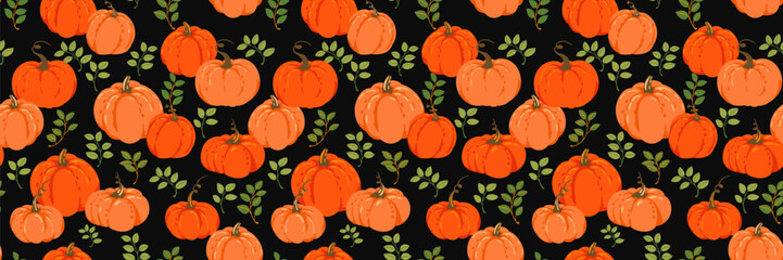 Seamless vector pattern with hand drawn orange pumpkins and green foliage on a dark background. Designs for fall fabrics, Halloween prints, or rustic Thanksgiving decor