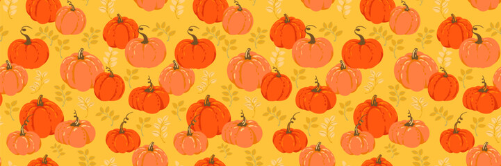 Bright seamless vector pattern with orange pumpkins and leafy foliage on a warm yellow background. Designs for fall textiles, Thanksgiving decor, and seasonal wrapping paper