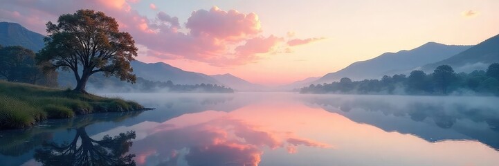 Fototapeta premium A serene landscape, calming colors, and a still pond reflecting a peaceful sky; perfect for conveying tranquility and emotional stillness , control, sky