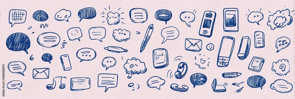 Poster creative illustration depicting various communication devices and text bubbles in a modern digital s