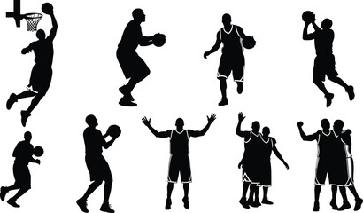 Silhouette of basketball players in various actions, dunking, dribbling, shooting, and celebrating, ideal for sports, fitness, and teamwork concepts.